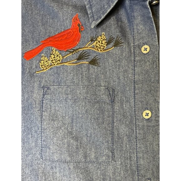 Blair Large Blue Denim Embroidered Button‎ Top Cardinals Birds Pockets Roll Tab - Picture 4 of 9